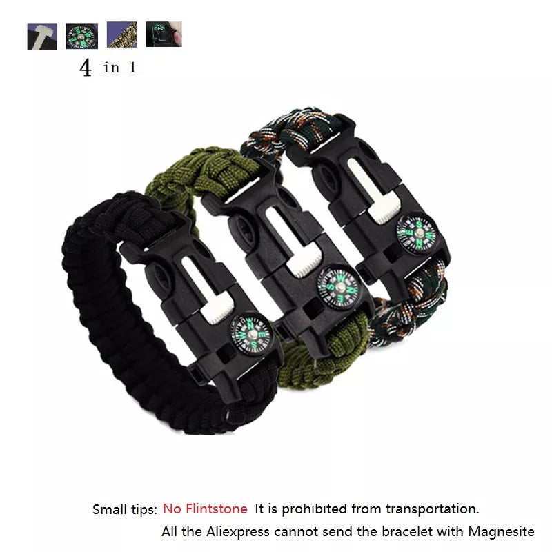 Bracelet de survie d'urgence 4 en 1 pour homme, sifflet, boussole, paracorde, sans pierreries